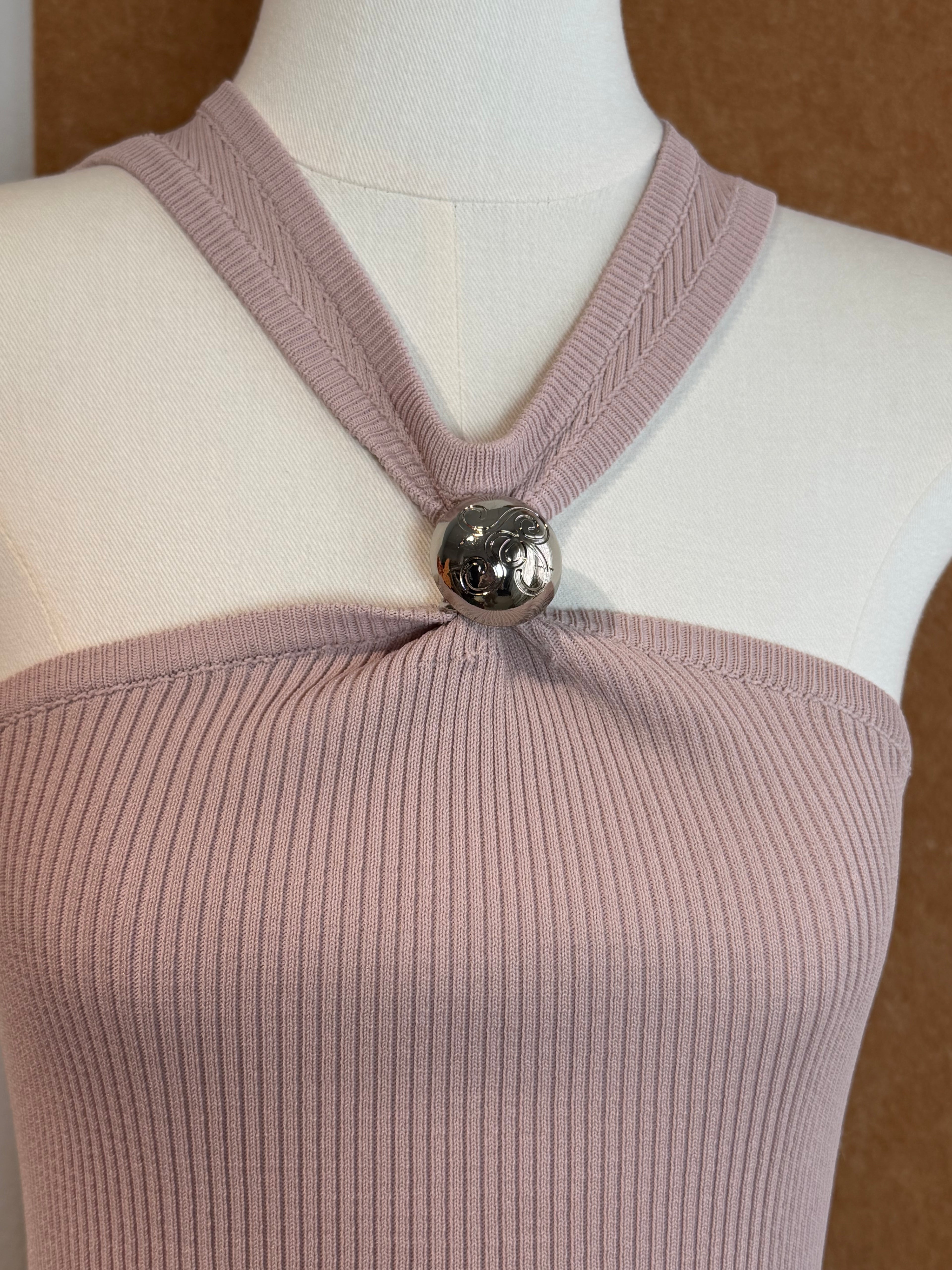 Orb-Clasp Halter Ribbed Knit Top | Mira
