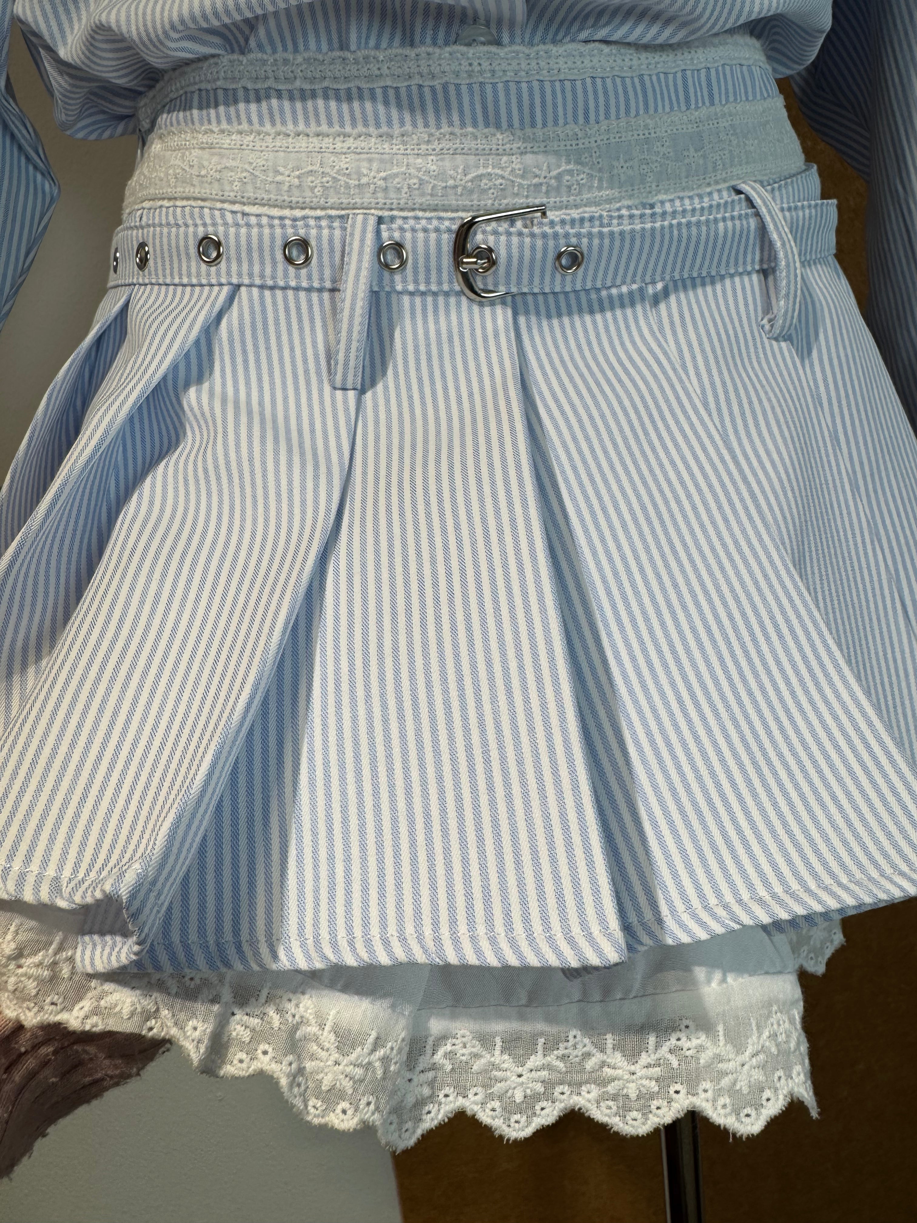 High-Waist Pinstripe Pleated Mini Skirt with Broderie Anglaise Waistband and Grommet Belt | Kallie