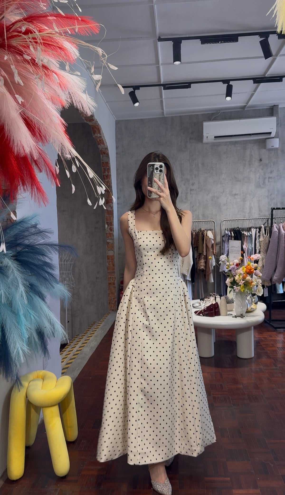 Polka Dot Square-Neck Pleated Maxi Dress | Elise