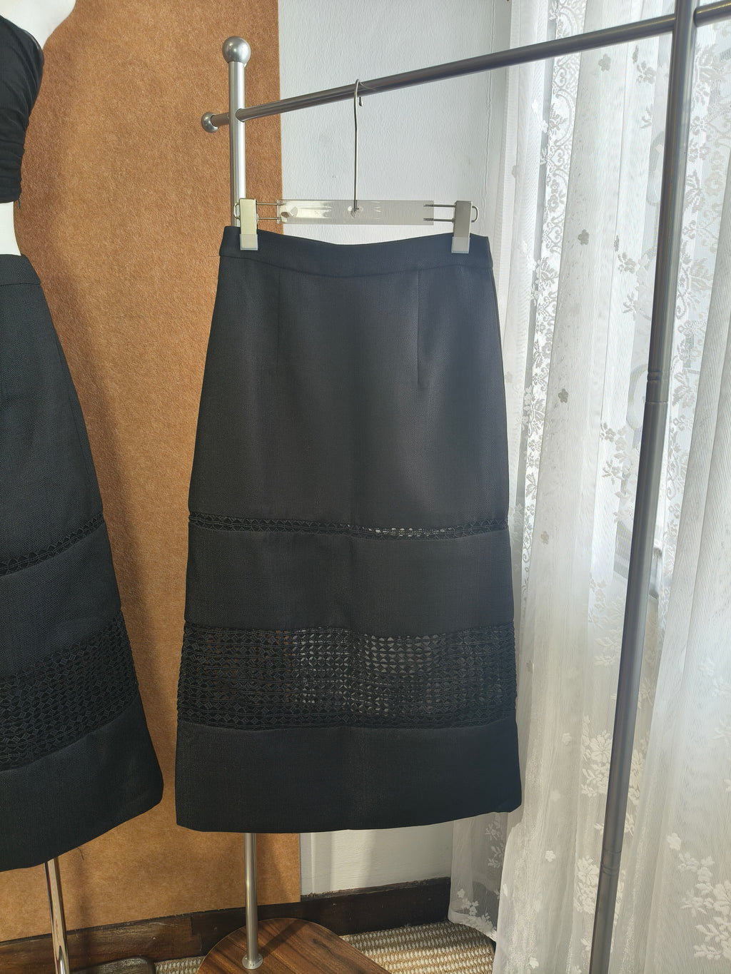 High-Waist Lace-Panel Straight Midi Skirt | Kinsley