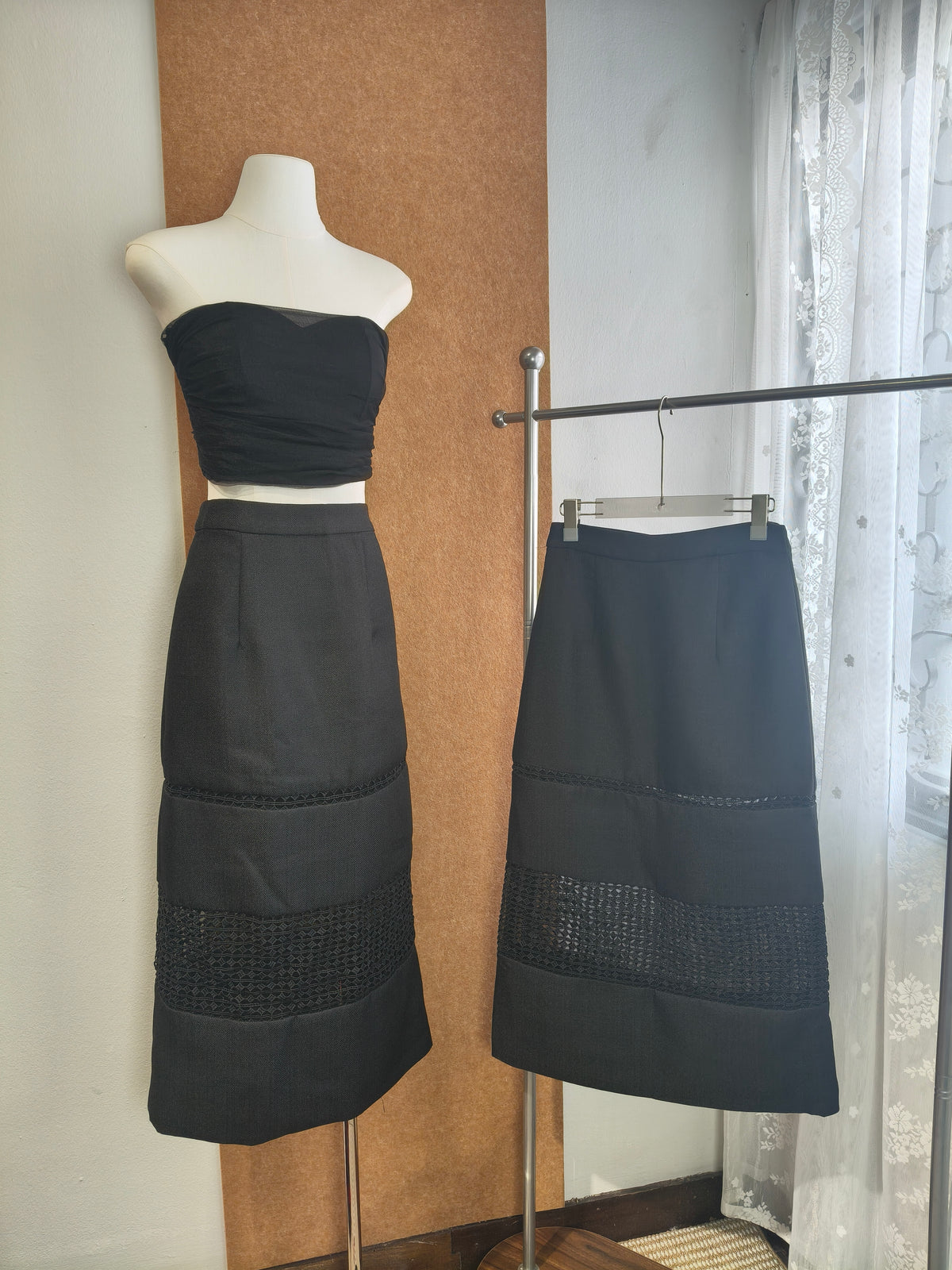 High-Waist Lace-Panel Straight Midi Skirt | Kinsley