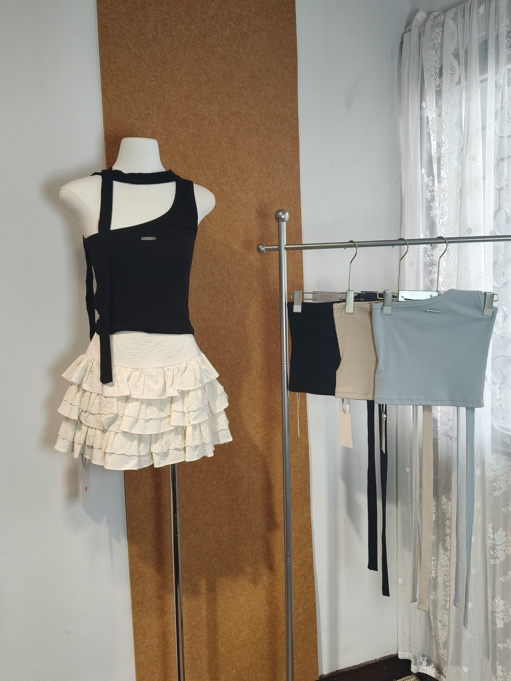 Asymmetric Ribbed Crop Top with Neck Tie | Elly