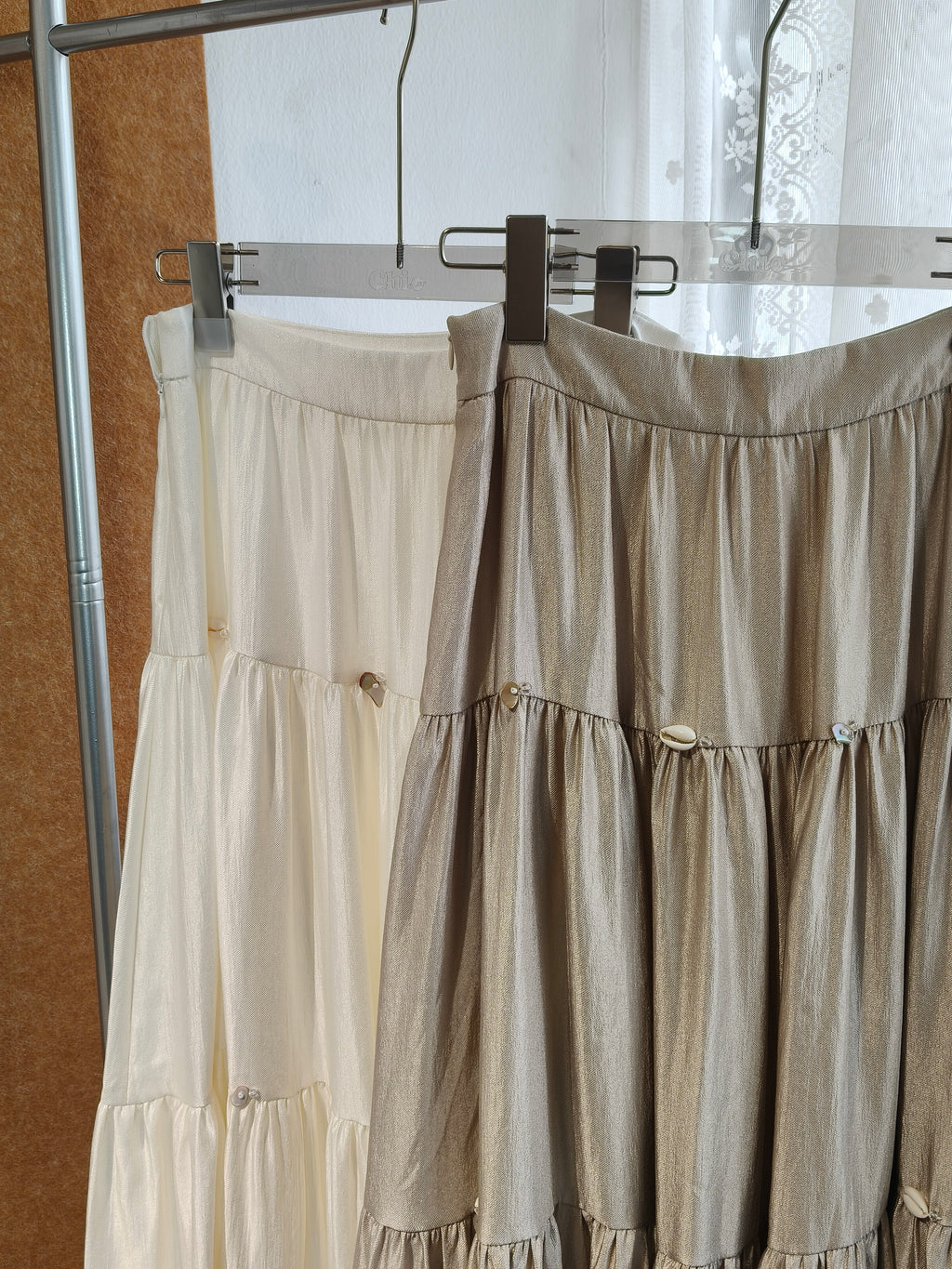 Three-Tier Gathered Shell-Button Shimmer Maxi Skirt | Louise