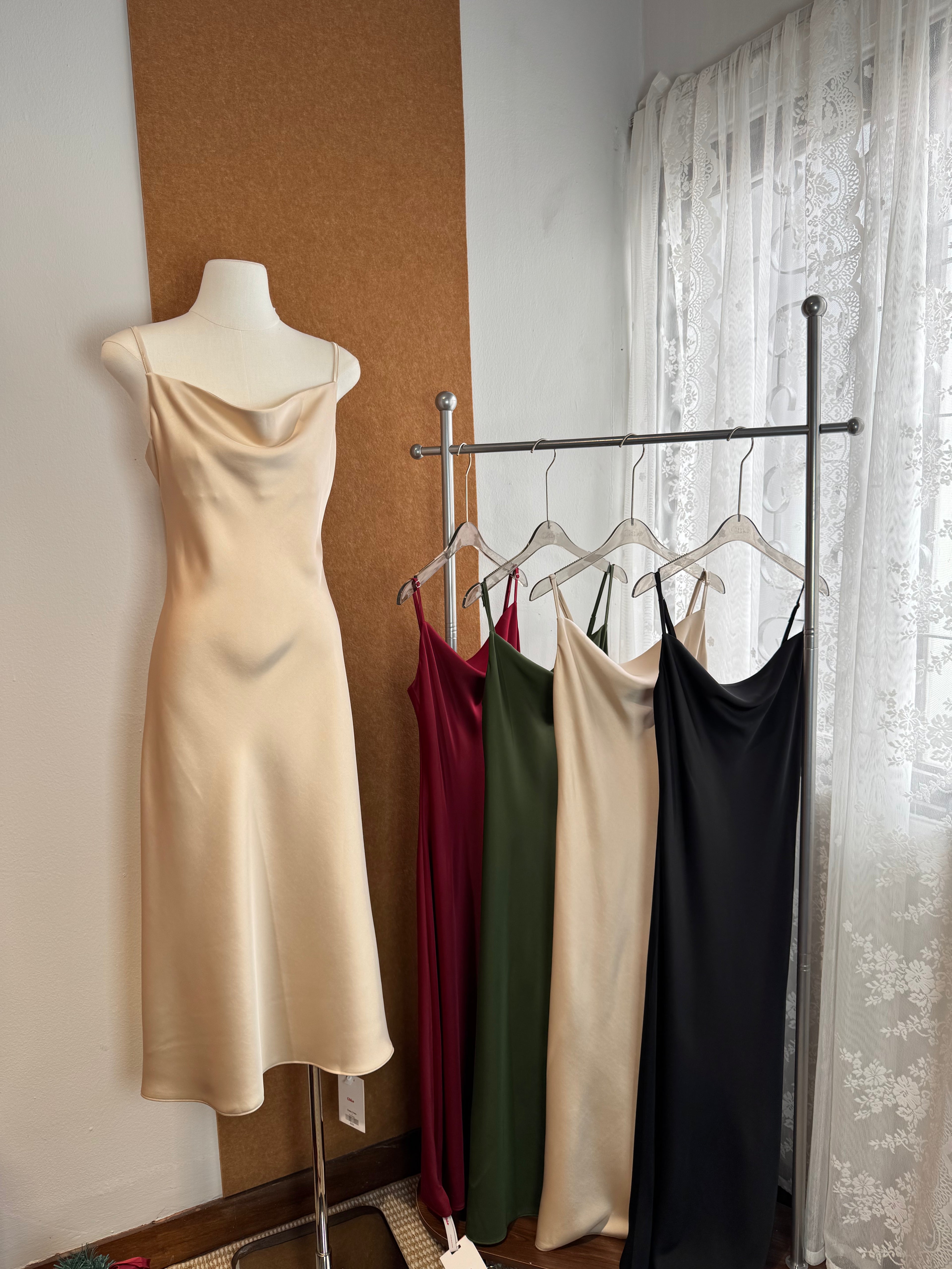 Cowl-Neck Satin Slip Midi Dress | Classy